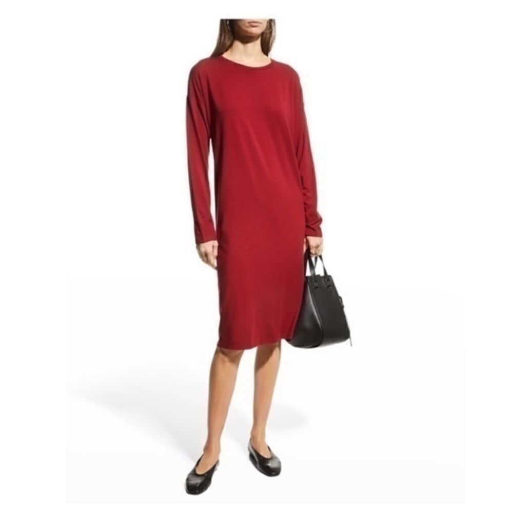 Eileen Fisher Tencel Jersey Crewneck Long Sleeve Dress - Red